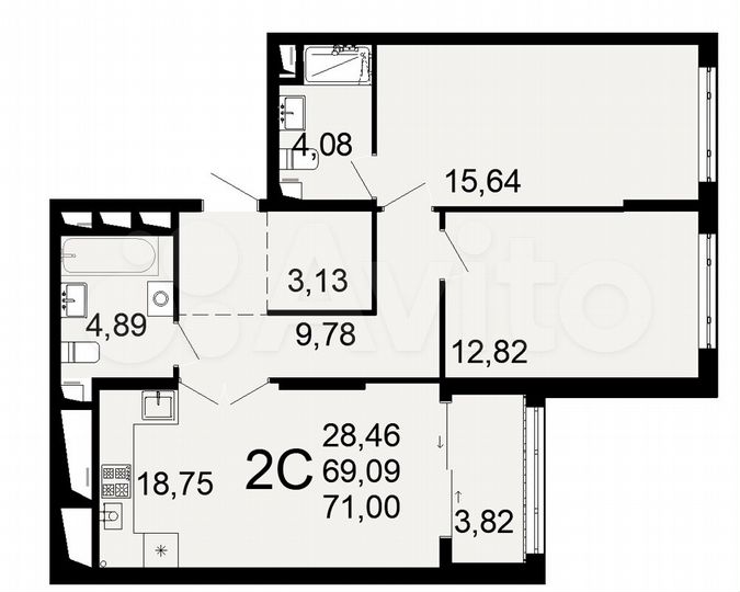 2-к. квартира, 71 м², 2/26 эт.