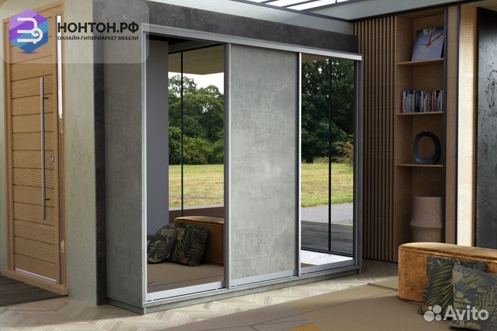 Шкаф-купе 3-х дверный Экспресс 45 зеркало / бетон