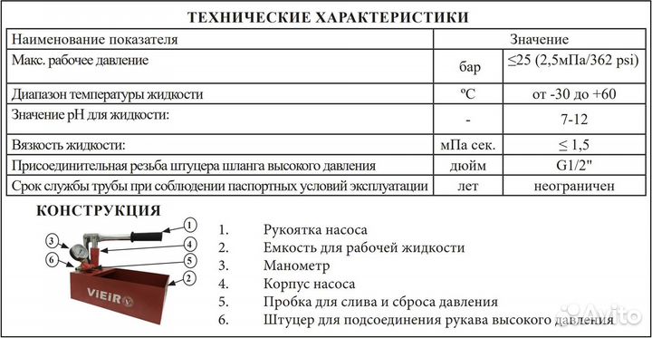 Опрессовочный (ручной) насос Vieir артикул RP-53