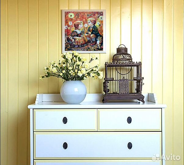 Дети с одуванчиками картина маслом 30* 30 см холст