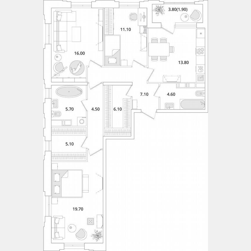 3-к. квартира, 95,6 м², 3/13 эт.
