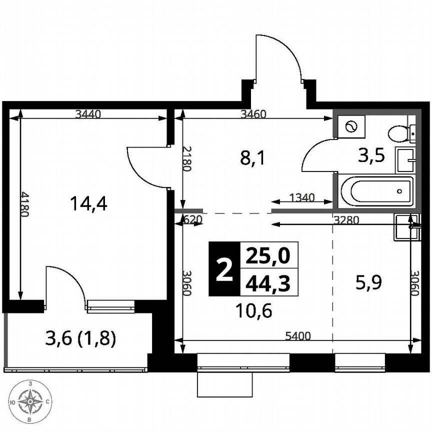 2-к. квартира, 44,3 м², 2/25 эт.