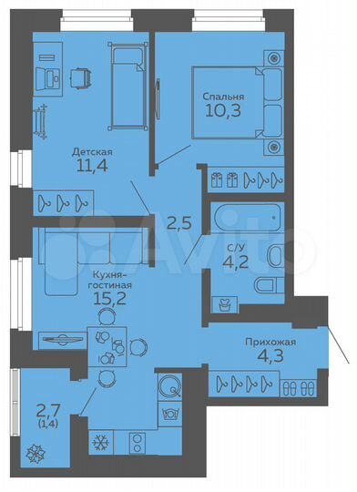 2-к. квартира, 49,3 м², 6/18 эт.