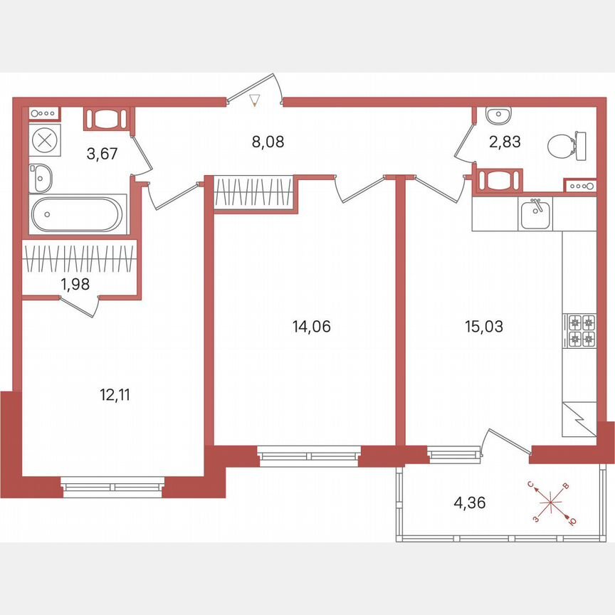 2-к. квартира, 59,9 м², 2/5 эт.
