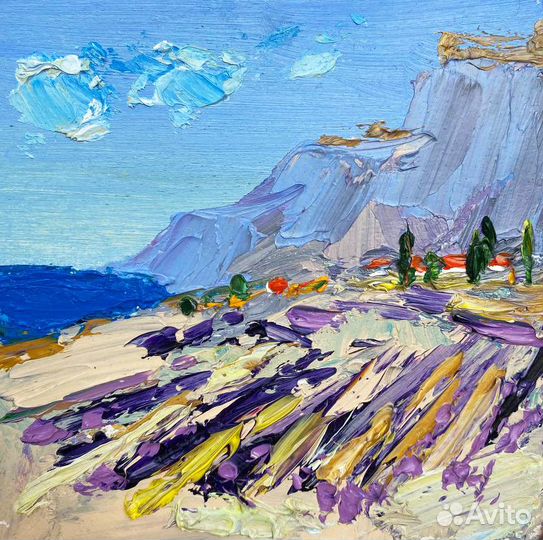 Картина лаванда в Крыму, пейзаж, масло на картоне