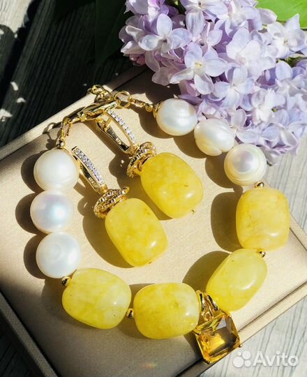 Браслет и серьги жемчуг и кварц