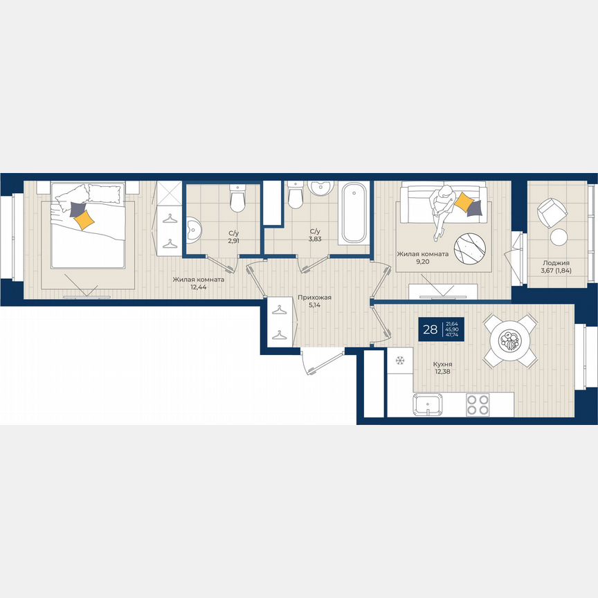 2-к. квартира, 47,7 м², 8/12 эт.