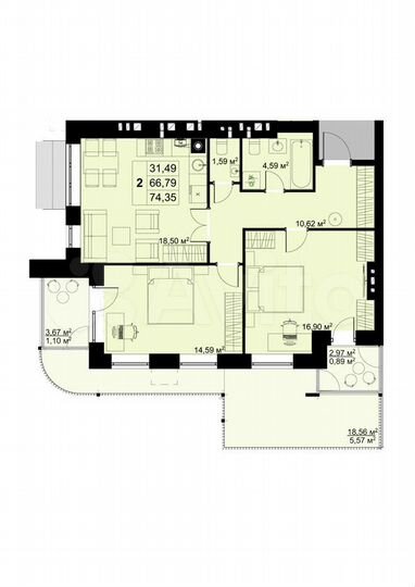 2-к. квартира, 74,4 м², 2/6 эт.