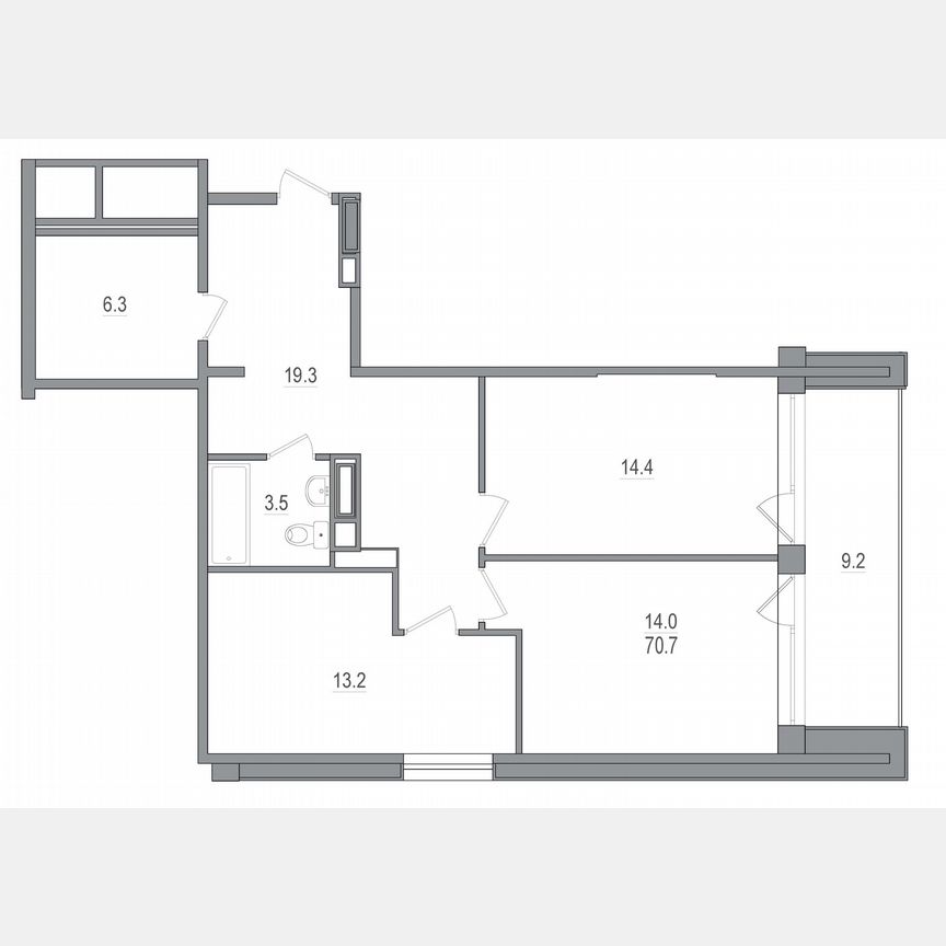 1-к. апартаменты, 70,7 м², 10/12 эт.