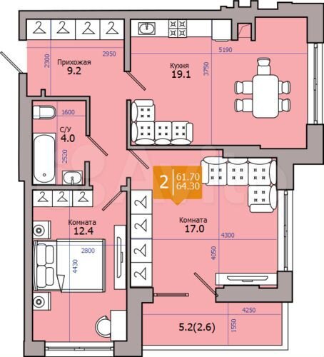 2-к. квартира, 64,3 м², 10/18 эт.