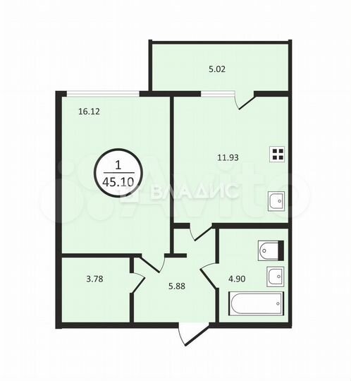 1-к. квартира, 45,1 м², 9/13 эт.