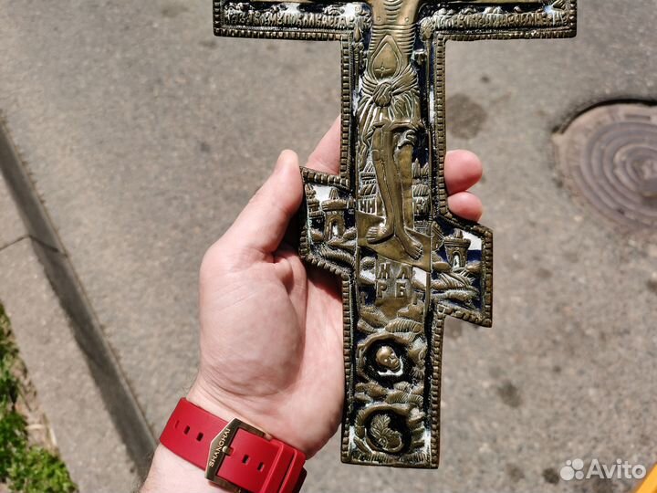 Крест напрестольный бронза эмаль 18 - 19 век Русь