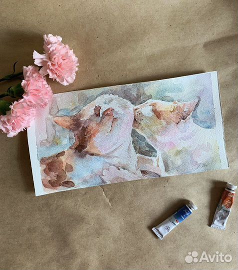 Картина акварель коты влюбленные