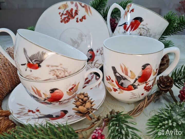 Чайные пары и кружки Снегири тонкий фарфор