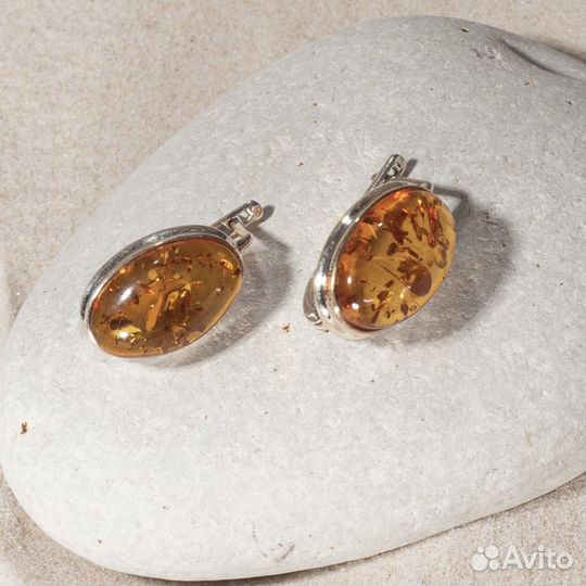 Серьги с янтарем, кольцо, серебро