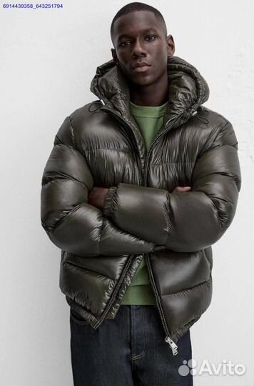 Пуховик Zara x Moncler глянцевый Хаки (Арт.95943)