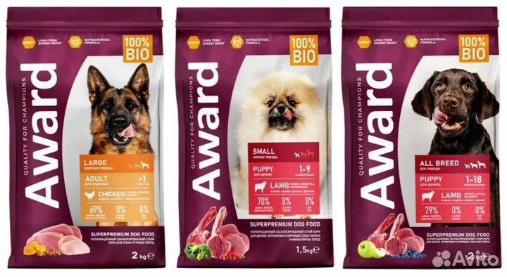 Корм для собак royal canin, sirius, ajo, award