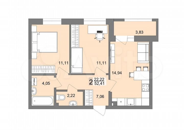2-к. квартира, 50,8 м², 24/26 эт.