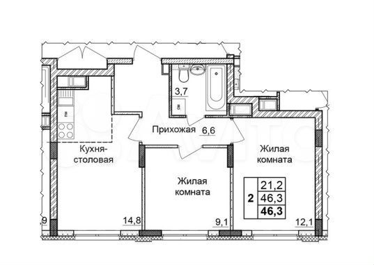 2-к. квартира, 46,3 м², 4/10 эт.