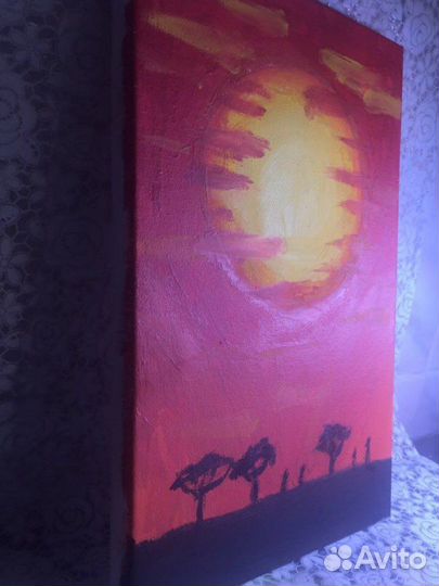 Картина закат в саванне, гуашь