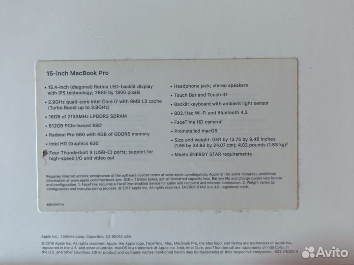 Apple MacBook Pro 15, A1707, 512 gb, radeon 560