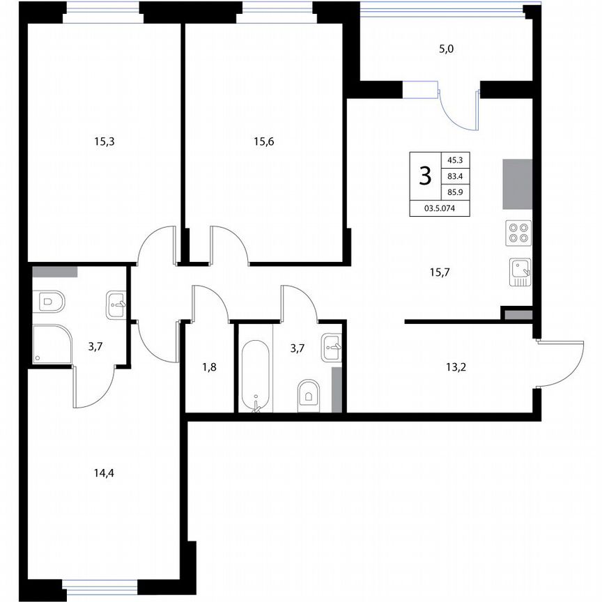 4-к. квартира, 85,9 м², 2/3 эт.