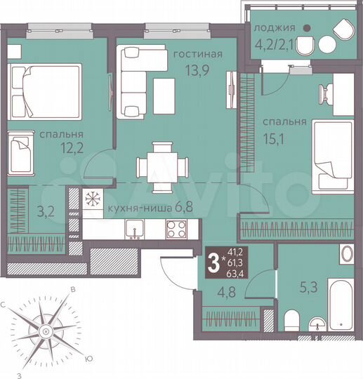 3-к. квартира, 63,4 м², 2/16 эт.