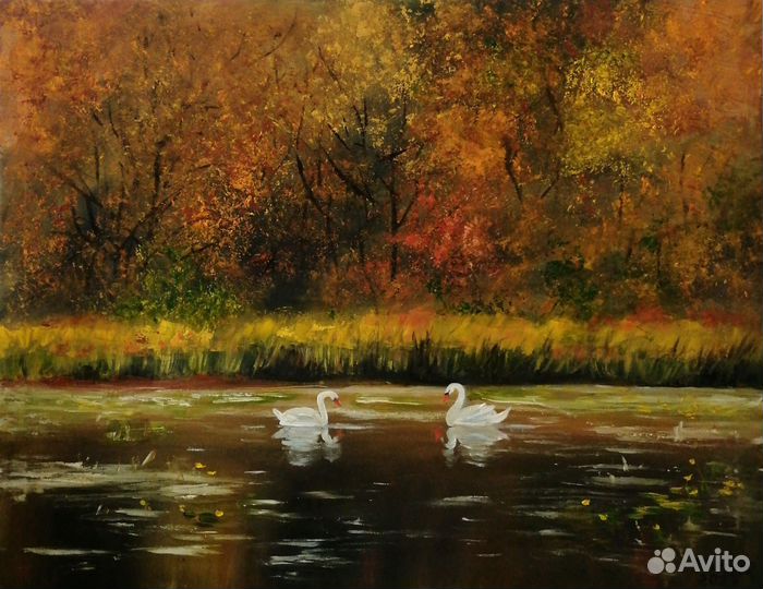 Белые лебеди на пруду. Холст на подрамнике 40х50