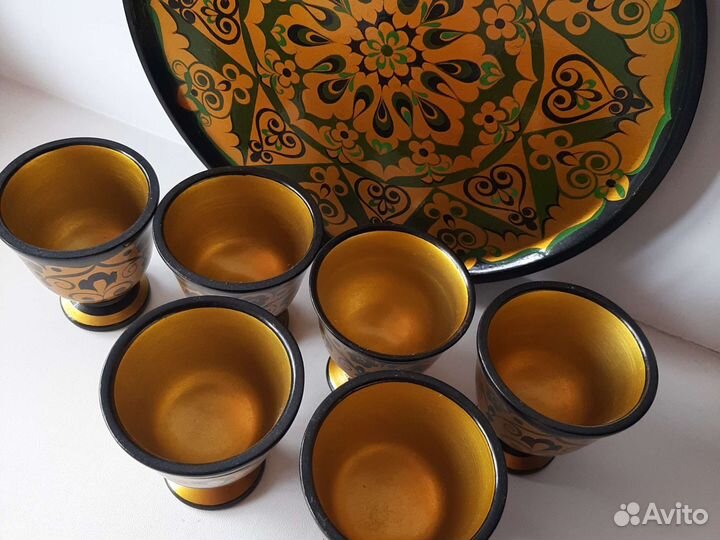 Сервиз в восточном стиле поднос и бокалы, дерево