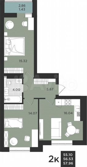 2-к. квартира, 58 м², 7/9 эт.