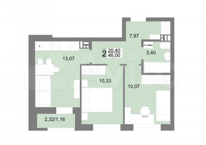 2-к. квартира, 46 м², 2/10 эт.