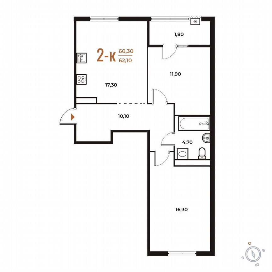2-к. квартира, 62,1 м², 7/8 эт.