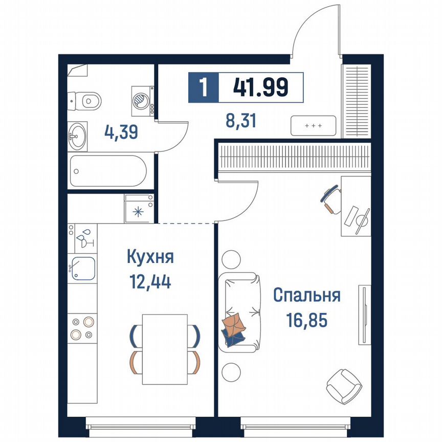 1-к. квартира, 42 м², 2/18 эт.