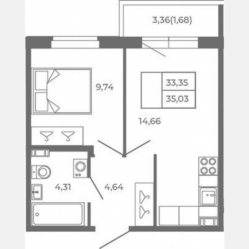 1-к. квартира, 33,4 м², 4/4 эт.