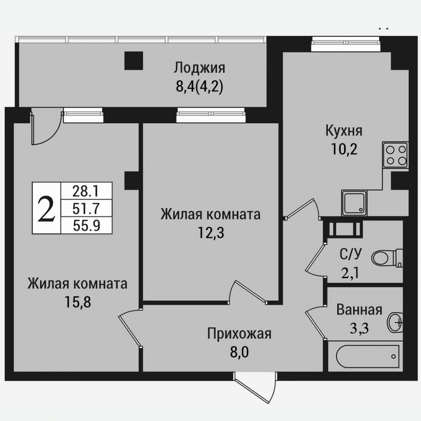 2-к. квартира, 60,1 м², 12/15 эт.