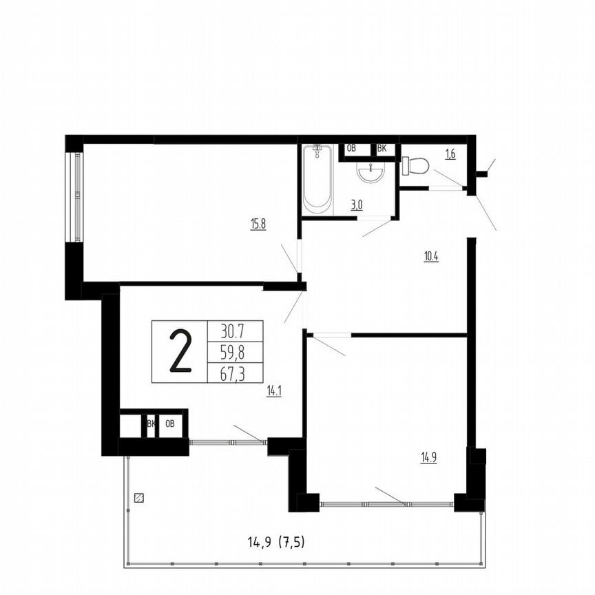 2-к. квартира, 67,3 м², 4/4 эт.