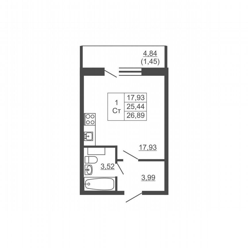 Квартира-студия, 26,9 м², 16/16 эт.