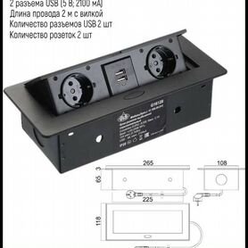 Выдвижная розетка на 2 розетки и 2 USB