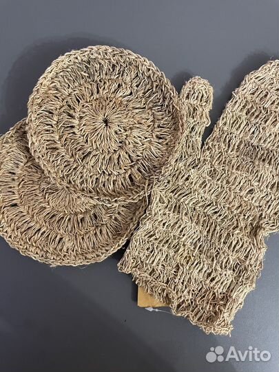 Набор 2 губки и варежка-мочалка из конопли