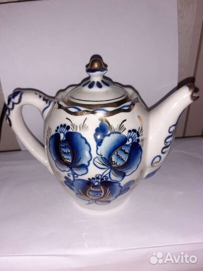 Гжель винтажная посуда в золоте