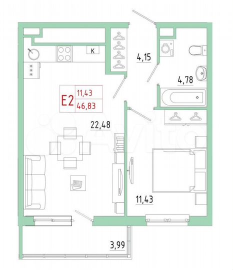 1-к. квартира, 46,8 м², 6/17 эт.