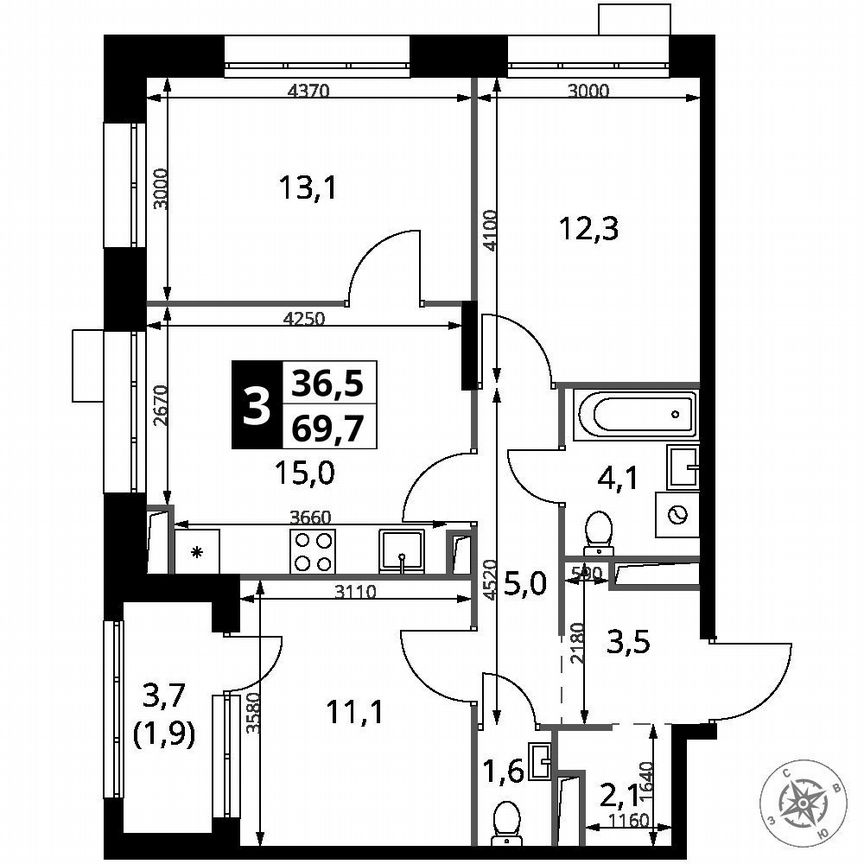 3-к. квартира, 69,7 м², 14/21 эт.