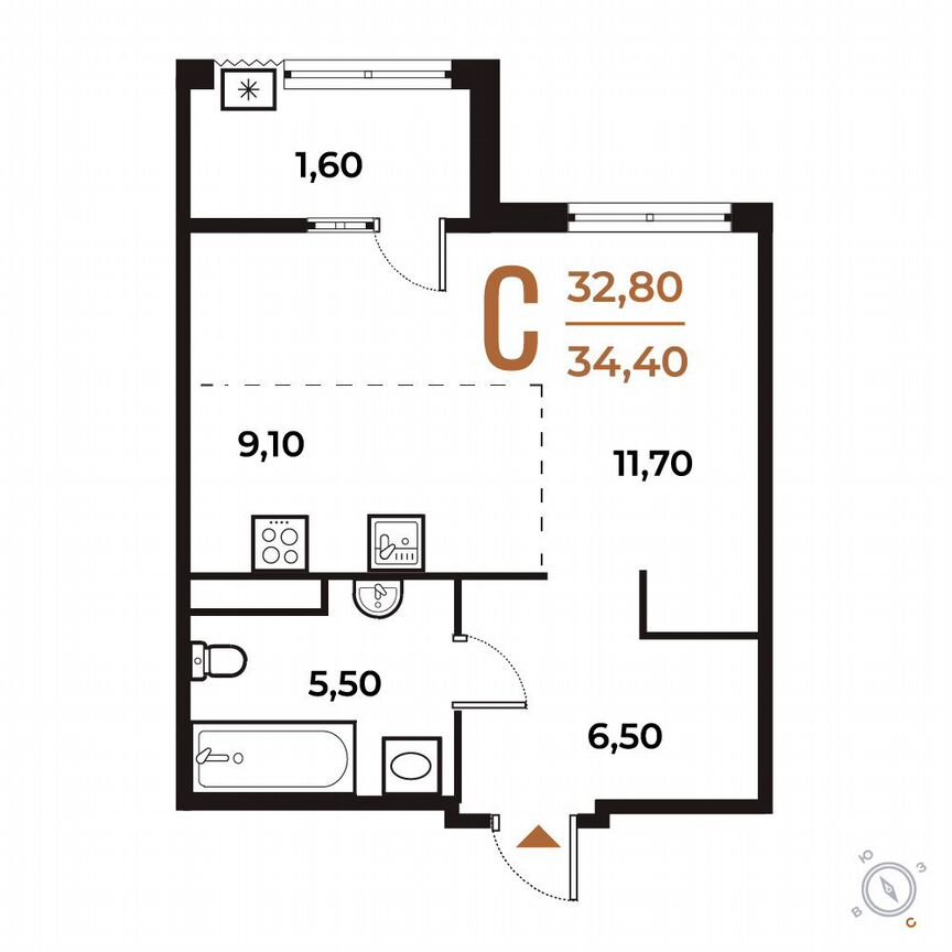 Квартира-студия, 34,4 м², 4/8 эт.