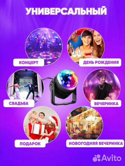 Диско шар светодиодный, проектор музыкальный