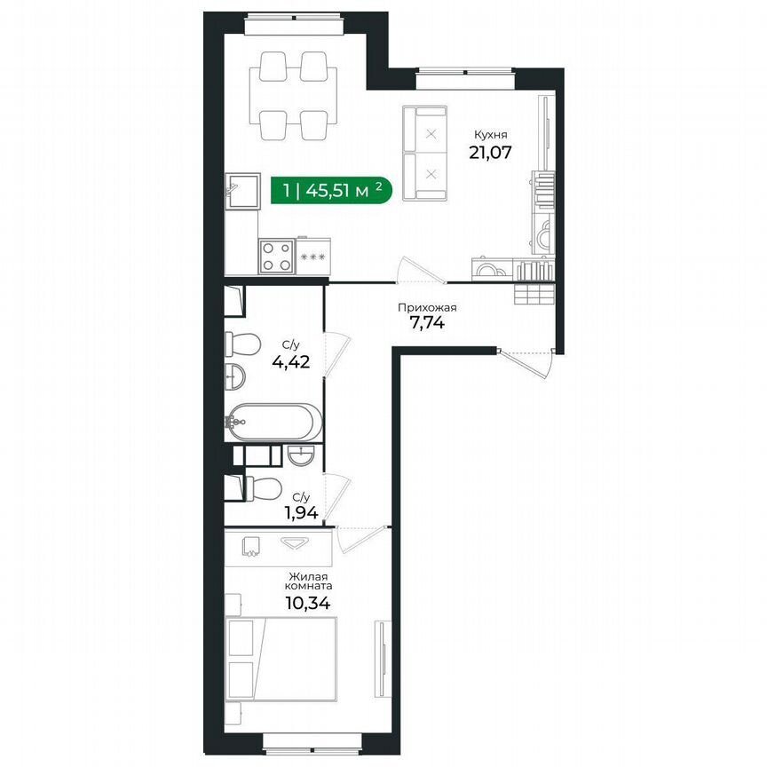 1-к. квартира, 45,3 м², 1/8 эт.
