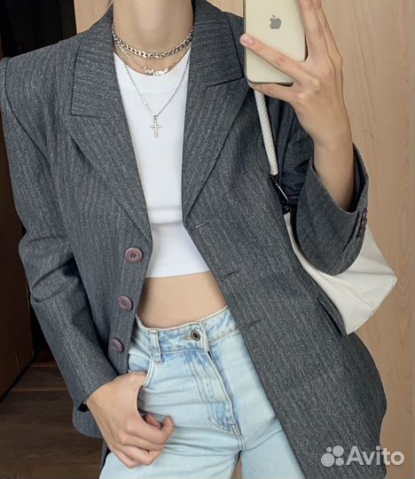 Винтажный серый oversize пиджак