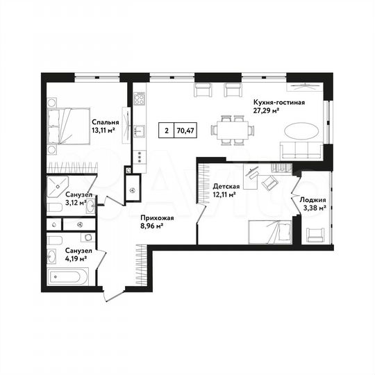 2-к. квартира, 70,5 м², 14/25 эт.