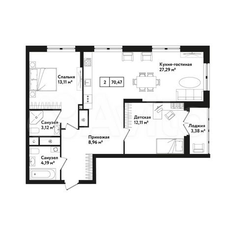 2-к. квартира, 70,5 м², 14/25 эт.