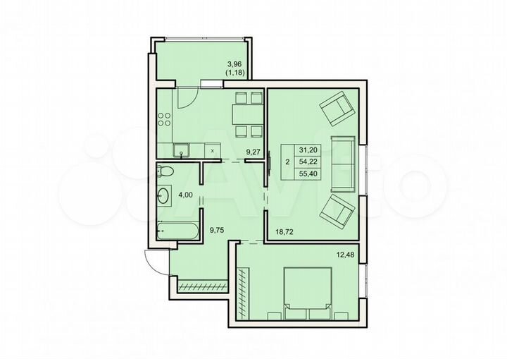 2-к. квартира, 55,4 м², 8/16 эт.