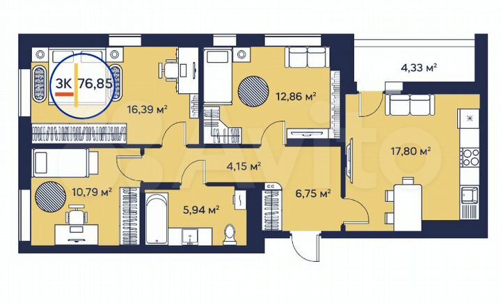 3-к. квартира, 77 м², 17/23 эт.